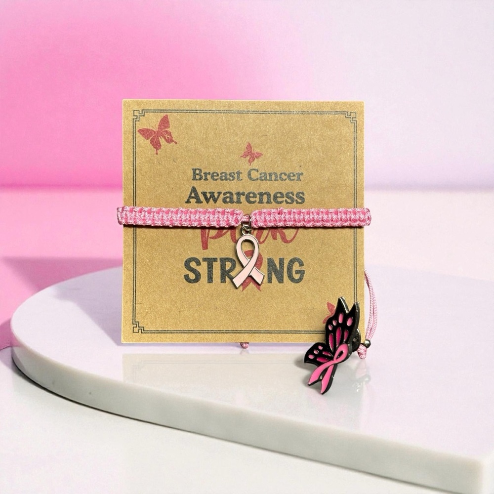 Breast Cancer Awareness Bracelet with Butterfly Charm Pin Bundle
